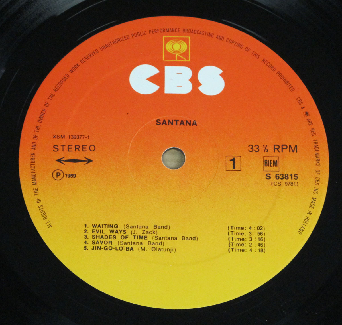 CBS vinyl record label of Santana's self-titled 1969 album, featuring tracklist and production details